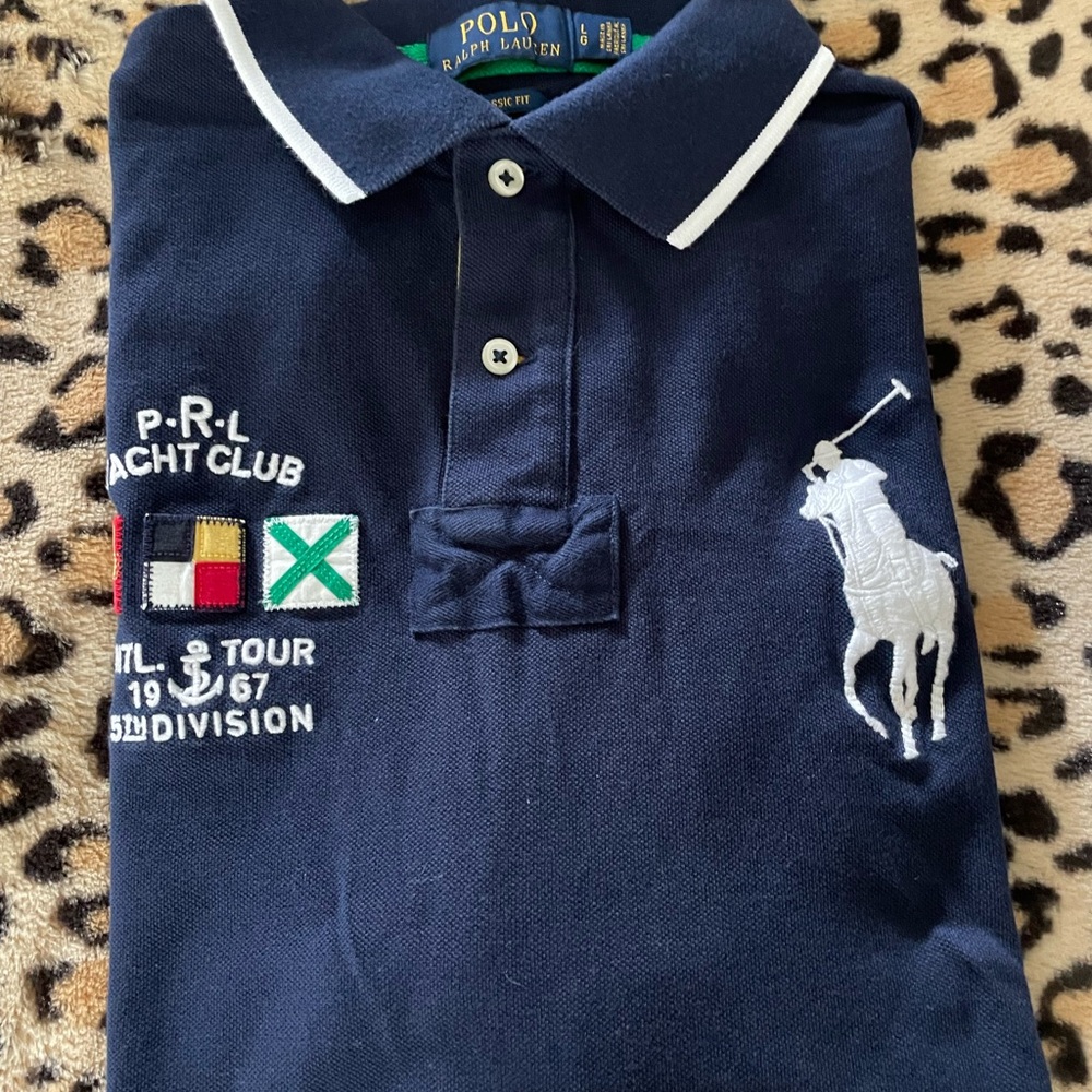 Navy White Polo Ralph Lauren Yacht Club Polo Shirt Mens Large Short Sleeve
